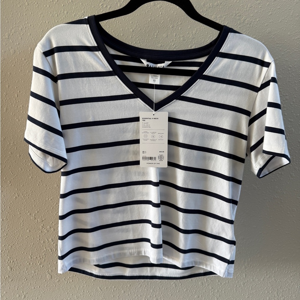 Athleta Black and White Striped V-Neck Tee